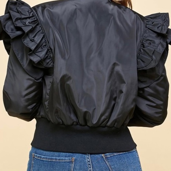 Black Ruffle-Shoulder Bomber Jacket - Picture 2 of 5